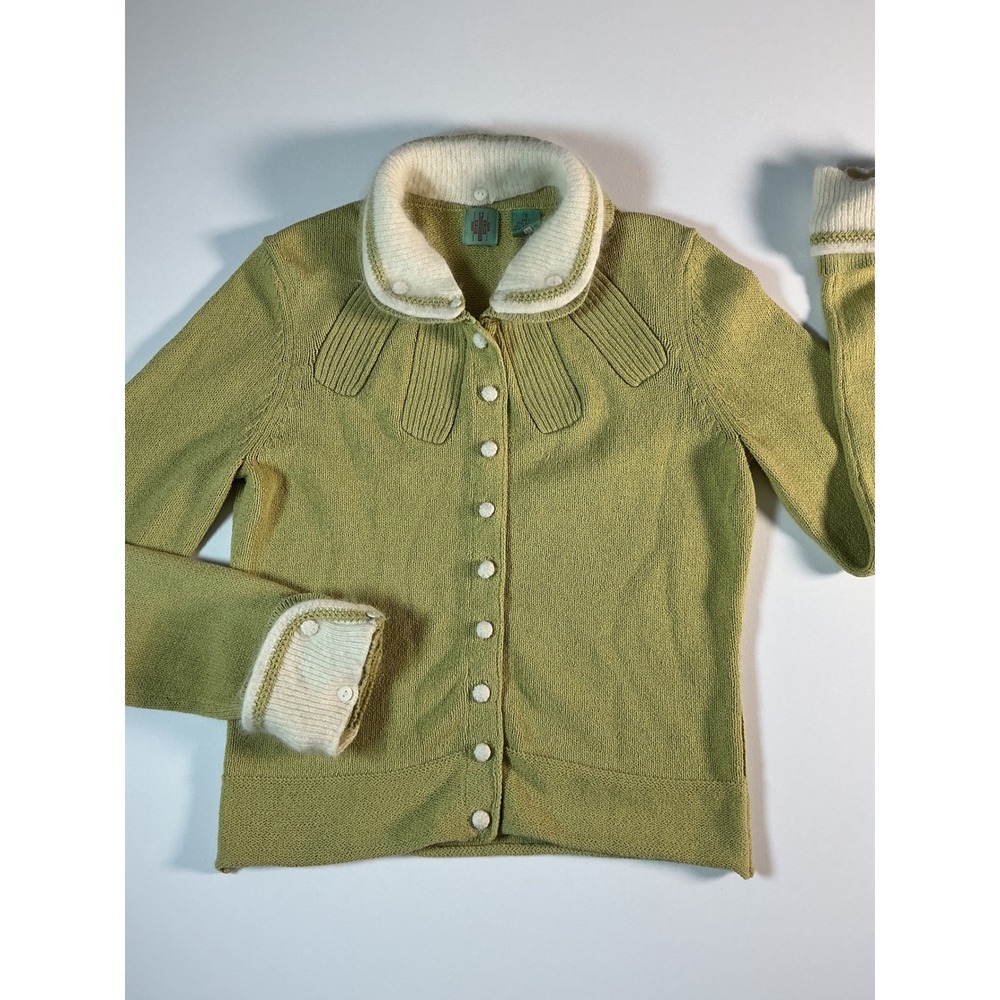 Anthropologie HWR Monogram Green Knit Collar Cardigan Sweater Size S
